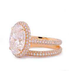 14k Yellow Gold Oval Shape 5.1CT Centre Solitaire 6.9CT Lab Diamond Side Round Women Ring with Band 7.2gm