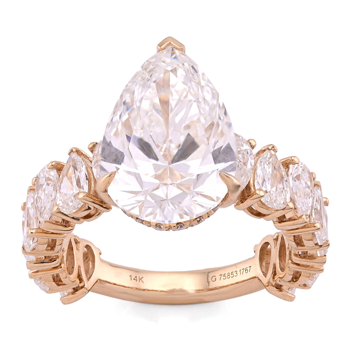 14k Yellow Gold 5.03CTW Tear Drop/Pear Shape Solitaire Centre 7.9CT Lab Diamond Women Ring 6gm