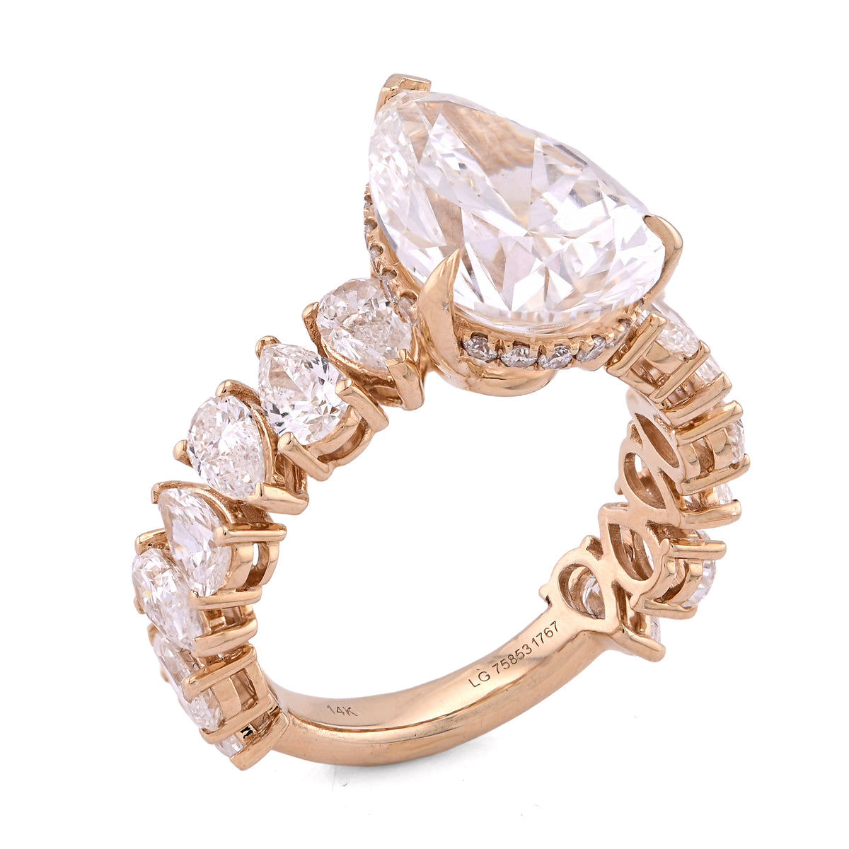 14k Yellow Gold 5.03CTW Tear Drop/Pear Shape Solitaire Centre 7.9CT Lab Diamond Women Ring 6gm