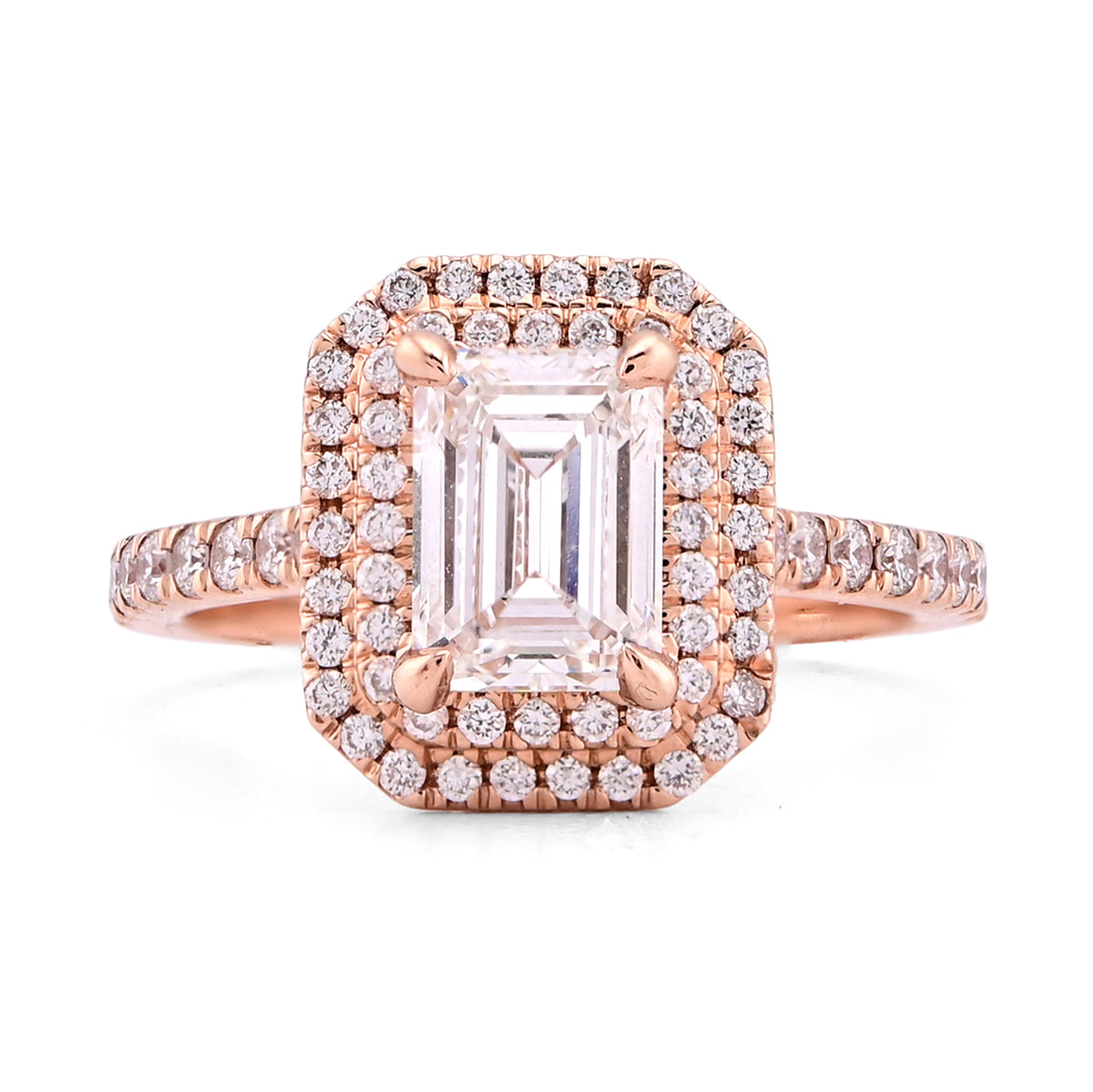 14k Rose Gold 1.5CTW Emerald Centre Solitaire Two Layer Octagon Lab Diamond 2CT Women Ring 4.6gm