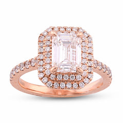 14k Rose Gold 1.5CTW Emerald Centre Solitaire Two Layer Octagon Lab Diamond 2CT Women Ring 4.6gm