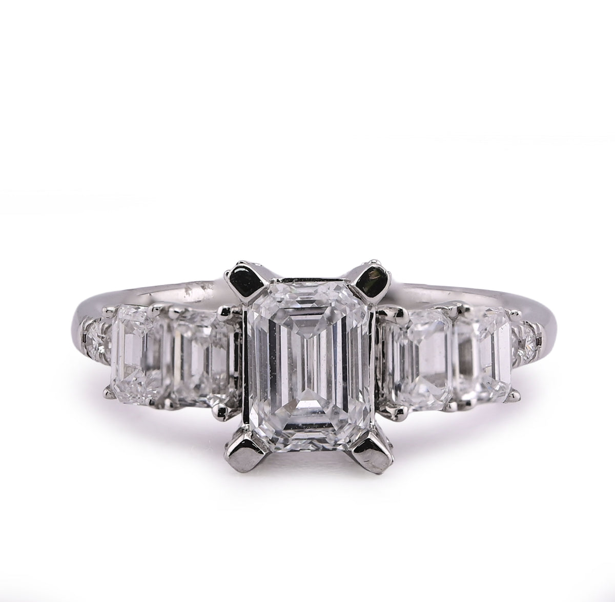 14k White Gold 1CTW Emerald Solitaire Centre 2TC Lab Diamond Womens Ring 3.3gm
