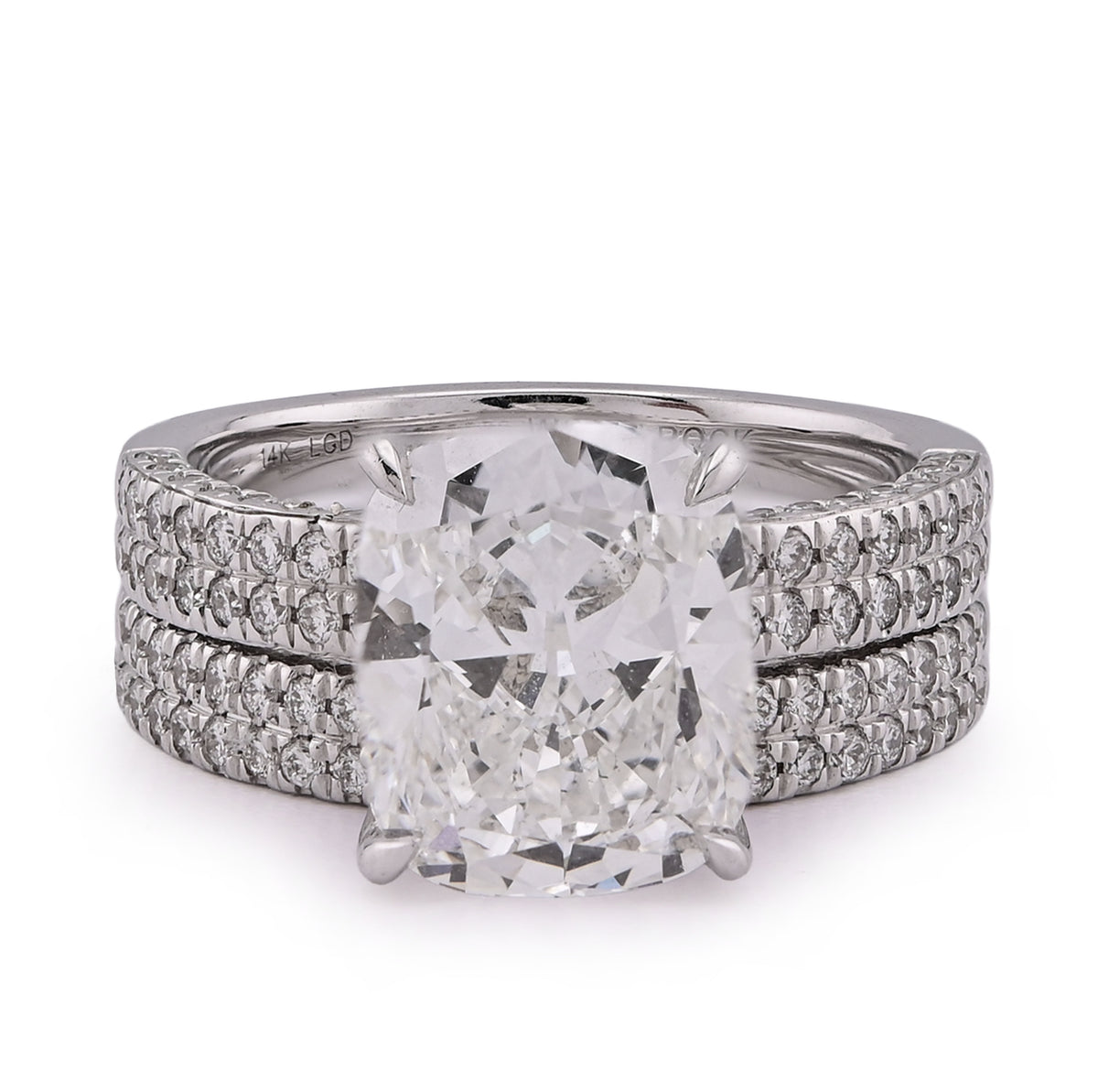 14k White Gold Cushion Cut 4CTW Centre Stone 5TC Lab Diamond 2 Row Womens Wedding Ring with Band 8.9gm