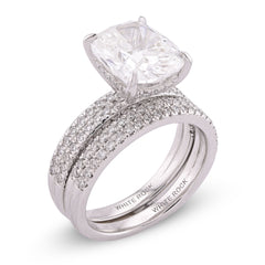 14k White Gold Cushion Cut 4CTW Centre Stone 5TC Lab Diamond 2 Row Womens Wedding Ring with Band 8.9gm