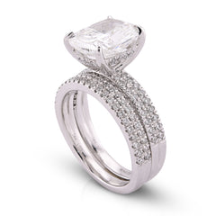 14k White Gold Cushion Cut 4CTW Centre Stone 5TC Lab Diamond 2 Row Womens Wedding Ring with Band 8.9gm