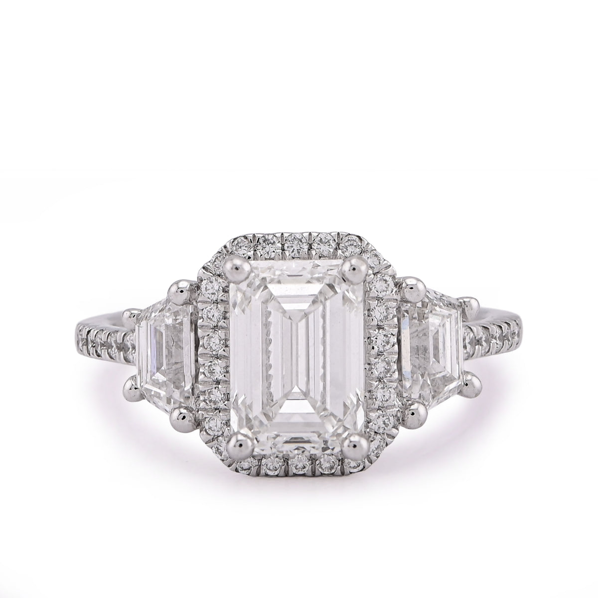 14k White Gold 2CTW Centre Emerald Solitaire Halo 3.15TC Lab Diamond Womens Ring 4.7gm