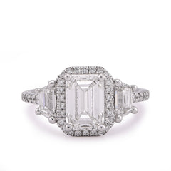 14k White Gold 2CTW Centre Emerald Solitaire Halo 3.15TC Lab Diamond Womens Ring 4.7gm