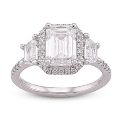 14k White Gold 2CTW Centre Emerald Solitaire Halo 3.15TC Lab Diamond Womens Ring 4.7gm