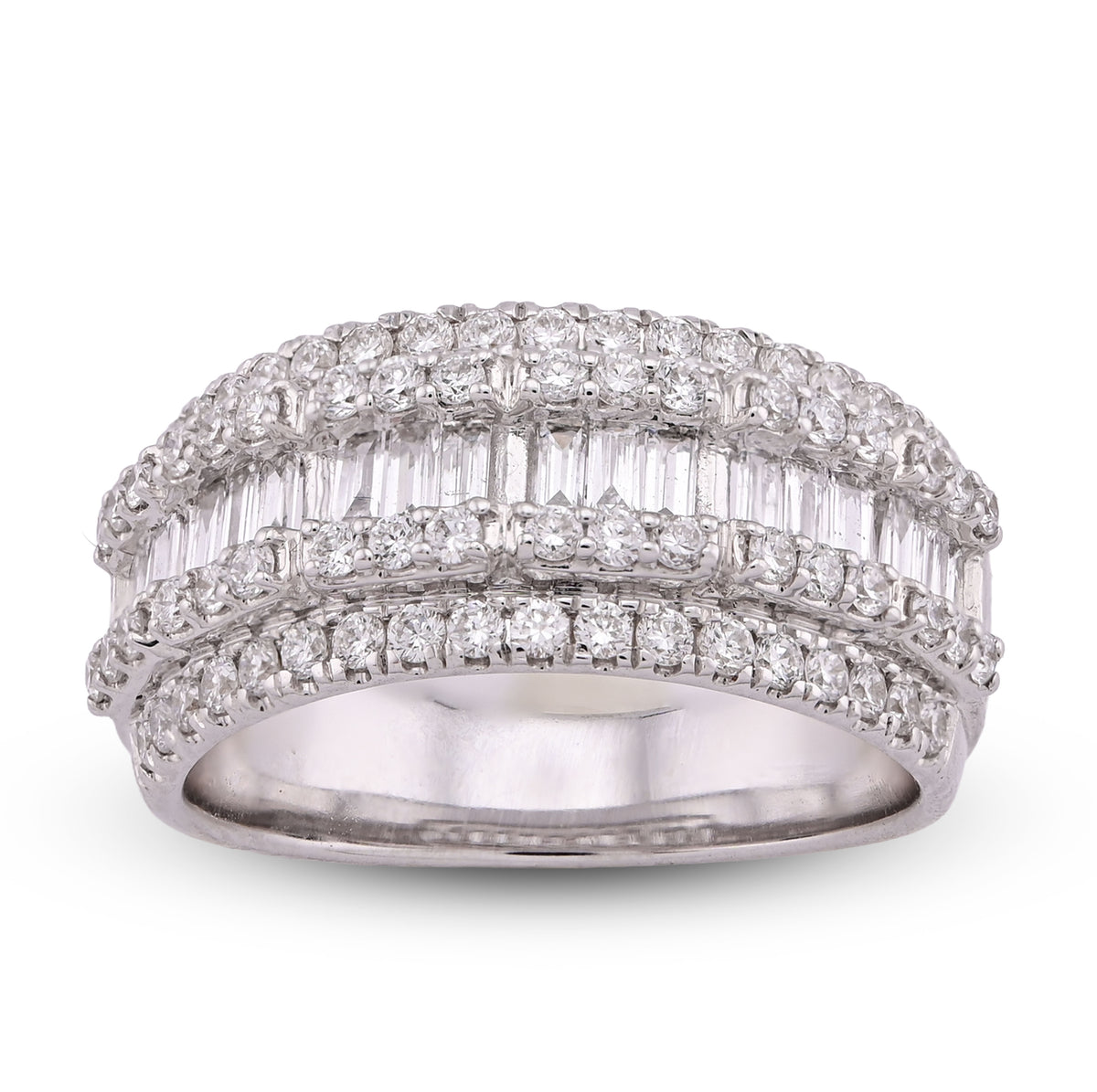 14k White Gold 1.09CTW Baguette Centre Row 5 Row Mens Ring Band 7.4gm