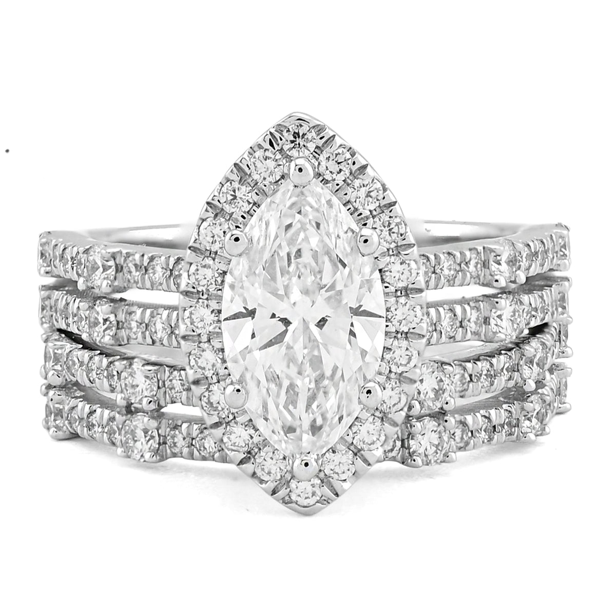 14k White Gold 1.5CTW Centre Marquise Solitaire 2 Row Band 2.8TC Lab Diamond Women Ring with Band 8.9gm