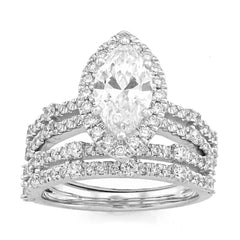 14k White Gold 1.5CTW Centre Marquise Solitaire 2 Row Band 2.8TC Lab Diamond Women Ring with Band 8.9gm