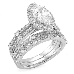 14k White Gold 1.5CTW Centre Marquise Solitaire 2 Row Band 2.8TC Lab Diamond Women Ring with Band 8.9gm