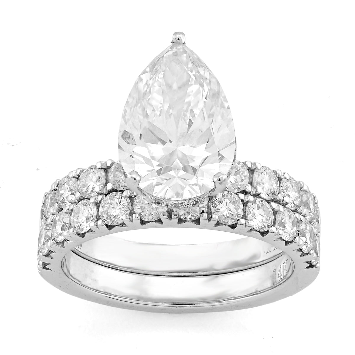 14k White Gold 3.5CTW Tear Drop/Pear 4.5TC Lab Diamond Side Iced Womens Ring wih Band 7.8gm