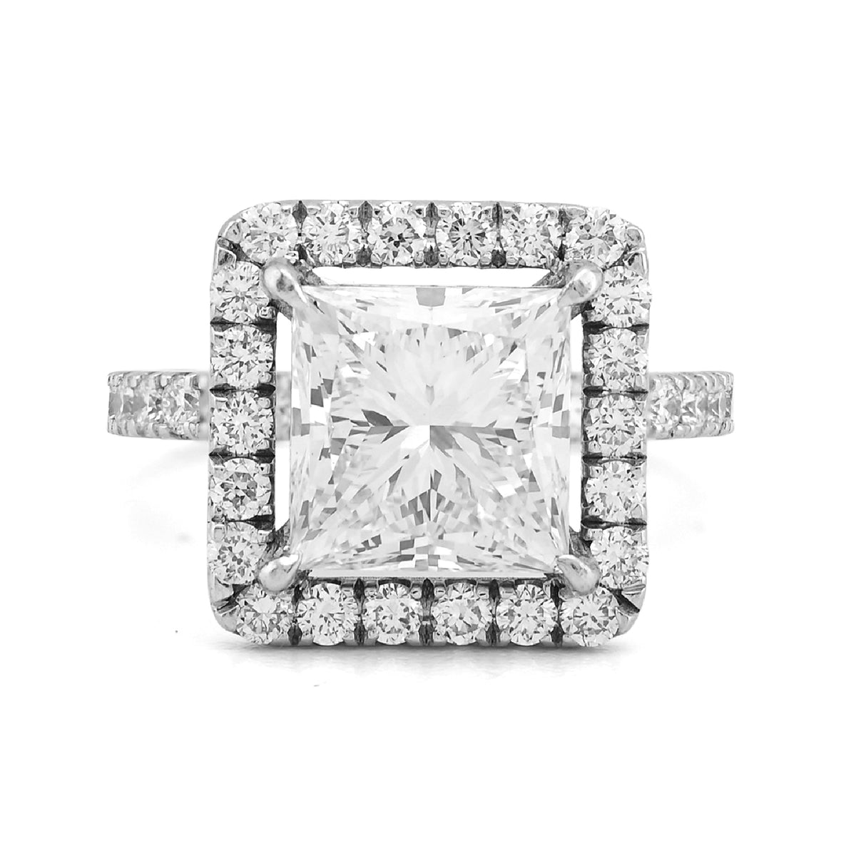 10k White Gold 3.5CTW Princess Solitaire Centre Rectangular Halo Side Iced 4.5TC Lab Diamond Ring 6.6gm