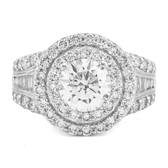14k Yellow Gold 1.51CTW Centre Round Solitaire Halo 3.3TC Side Baguette Lab Diamond Women Ring 8.3gm