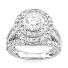 14k Yellow Gold 1.51CTW Centre Round Solitaire Halo 3.3TC Side Baguette Lab Diamond Women Ring 8.3gm