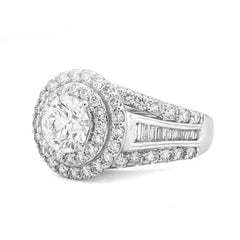 14k Yellow Gold 1.51CTW Centre Round Solitaire Halo 3.3TC Side Baguette Lab Diamond Women Ring 8.3gm