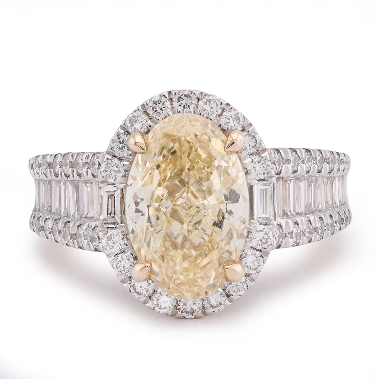 14k Yellow Gold 3CTW Oval Solitaire Halo Baguette Side 4.25TC Lab Diamond Womens Ring 6.6gm