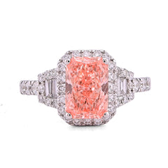 14k White Gold 2.75CTW Pink Radiant Lab Diamond Side Baguette/Round Iced Women Ring 5gm