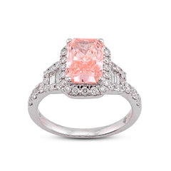 14k White Gold 2.75CTW Pink Radiant Lab Diamond Side Baguette/Round Iced Women Ring 5gm