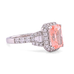 14k White Gold 2.75CTW Pink Radiant Lab Diamond Side Baguette/Round Iced Women Ring 5gm