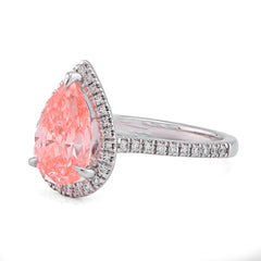 14k White Gold Fancy Pink 2.28CTW Pear/Tear Drop Centre Halo Lab Diamond Womens Promise Ring 3.7gm