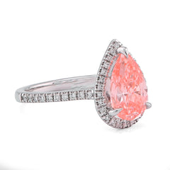 14k White Gold Fancy Pink 2.28CTW Pear/Tear Drop Centre Halo Lab Diamond Womens Promise Ring 3.7gm
