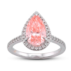 14k White Gold Fancy Pink 2.28CTW Pear/Tear Drop Centre Halo Lab Diamond Womens Promise Ring 3.7gm