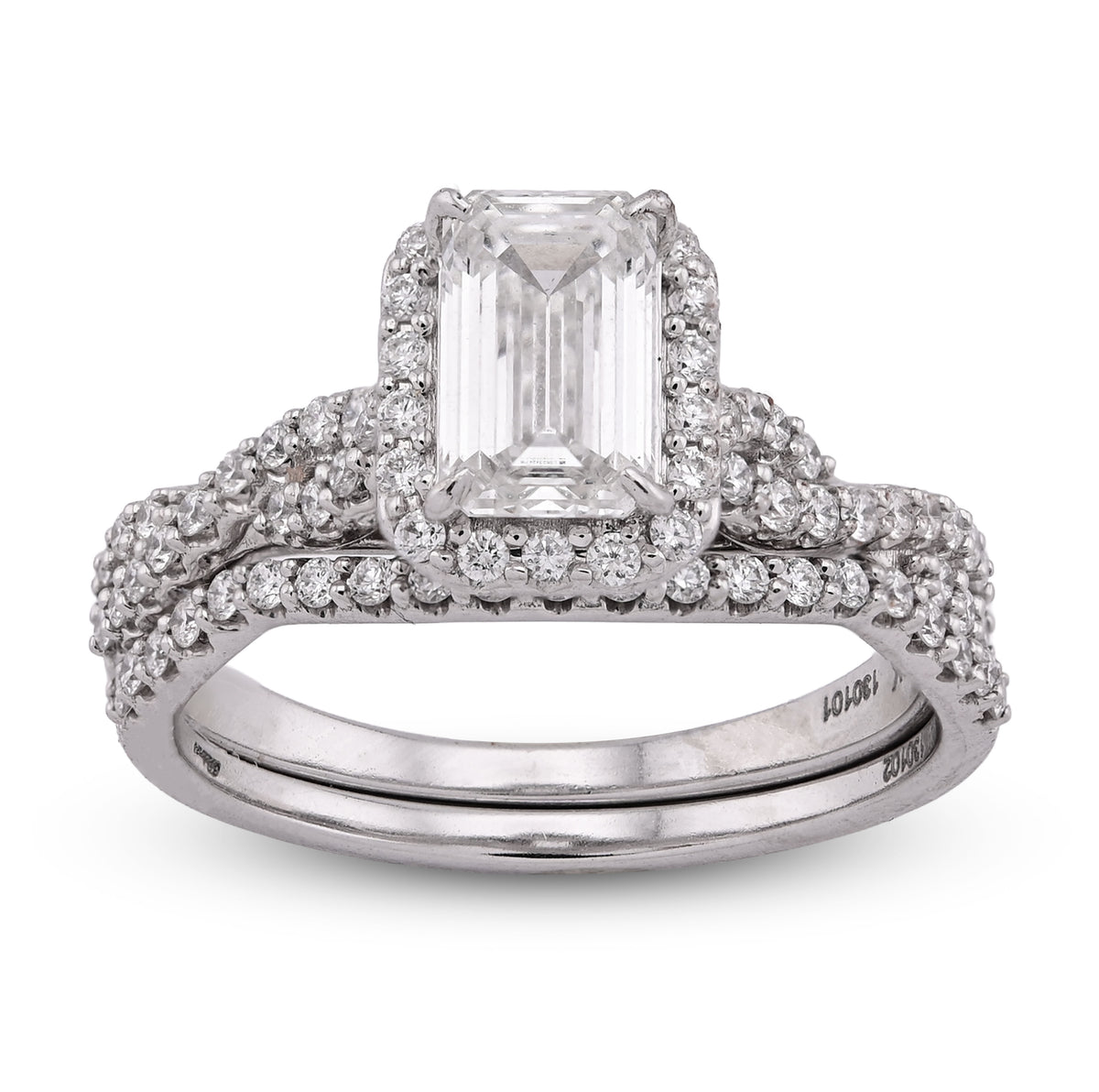 14k White Gold 1.5CTW Emerald Centre Infinity Link Side Lab Diamond Women Ring with Band 4.6gm