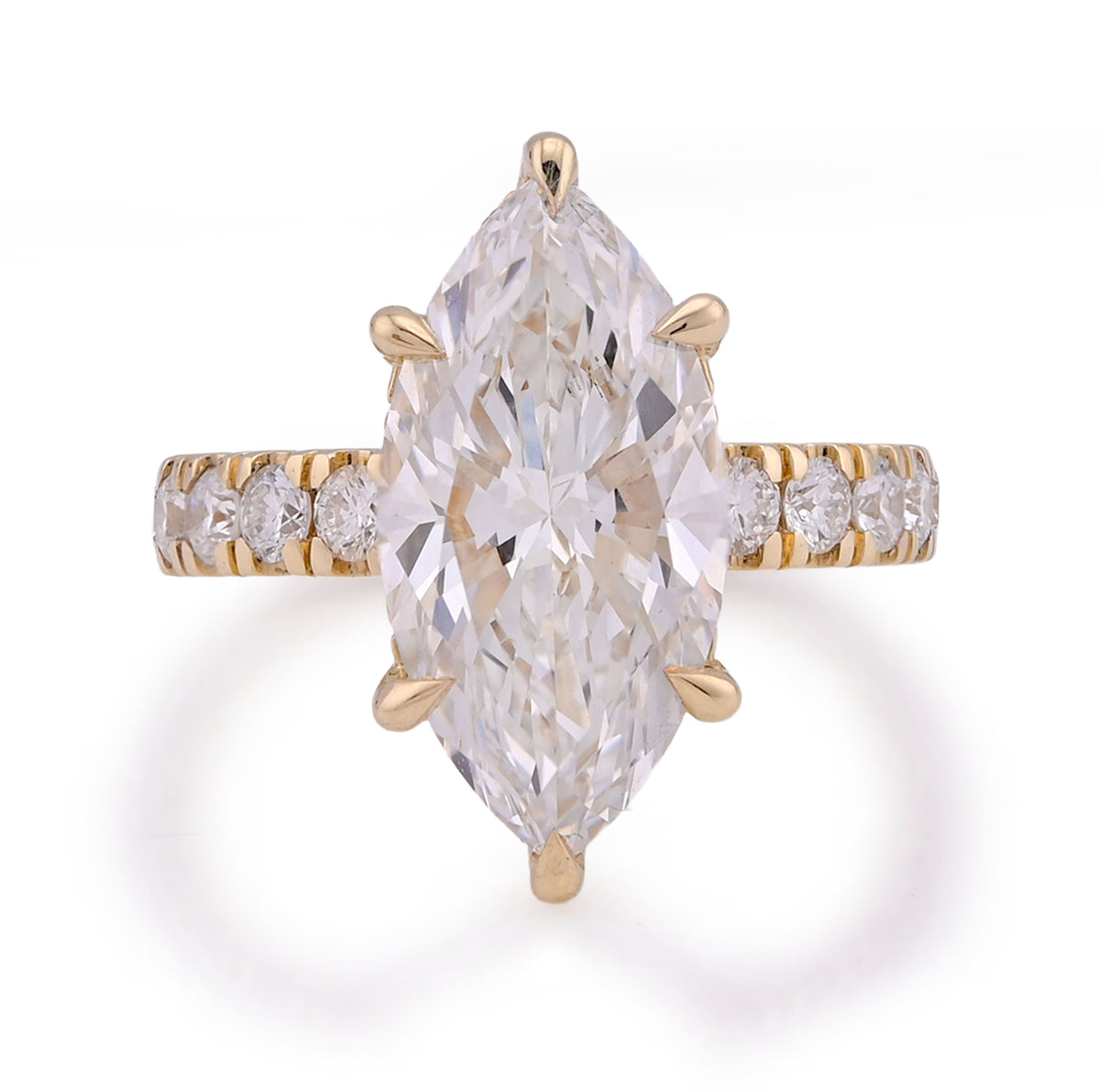 14k Yellow Gold 6CTW Marquise Centre Round Side Lab Diamond Womens Ring 6.4gm