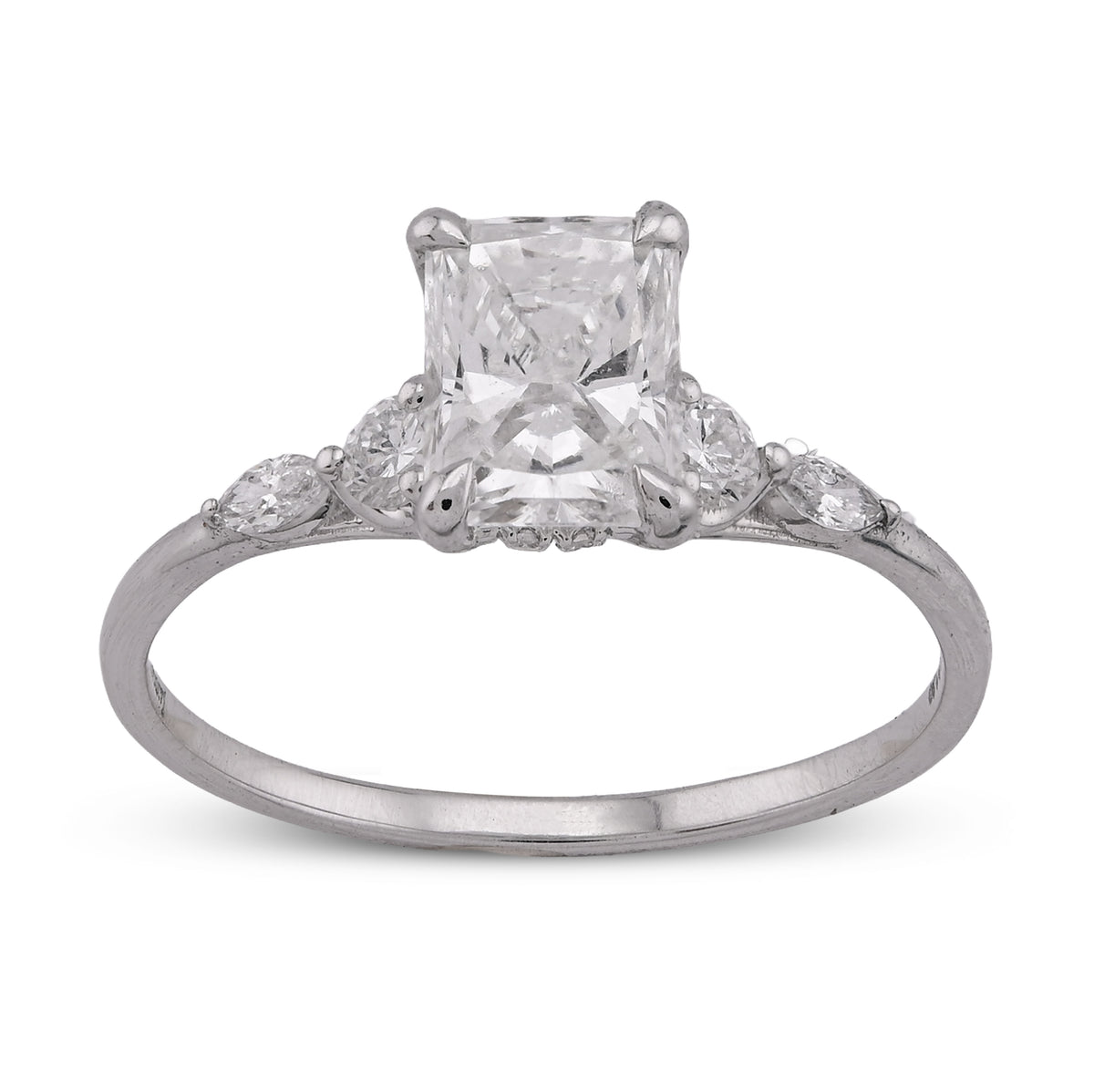 14k White Gold 1.30CTW Radiant Centre Round/Marquise Lab Diamond Side Women Ring 1.6gm