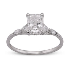 14k White Gold 1.30CTW Radiant Centre Round/Marquise Lab Diamond Side Women Ring 1.6gm