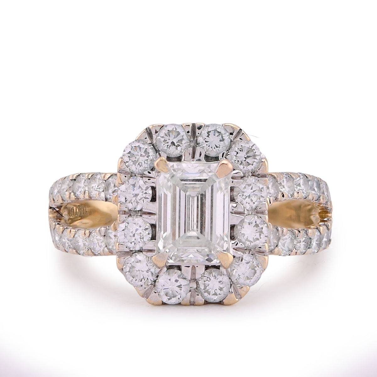 10k Yellow Gold 2.5CTW Centre Emerald Round Lab Diamond Halo Women Ring 3.9gm