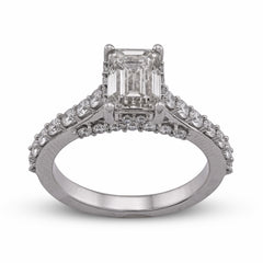 10k White Gold 2.17CTW Centre Emerald Round Side Lab Diamond Women Ring 4gm