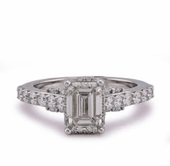 10k White Gold 2.17CTW Centre Emerald Round Side Lab Diamond Women Ring 4gm