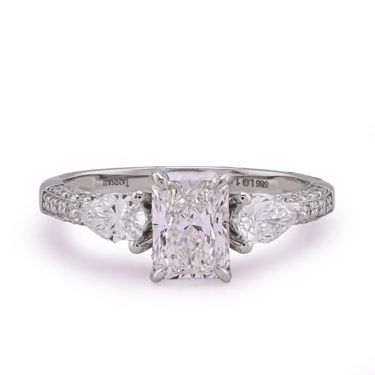14k White Gold 1.64CTW Centre Solitaire Radiant Pear/Round Side Lab Diamond Women Ring 2.4gm