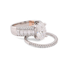 14k White Gold 3.10CTW Oval Centre Solitaire Baguette/Round Lab Diamond Women Rings 7.5gm