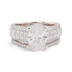 14k White Gold 3.10CTW Oval Centre Solitaire Baguette/Round Lab Diamond Women Rings 7.5gm