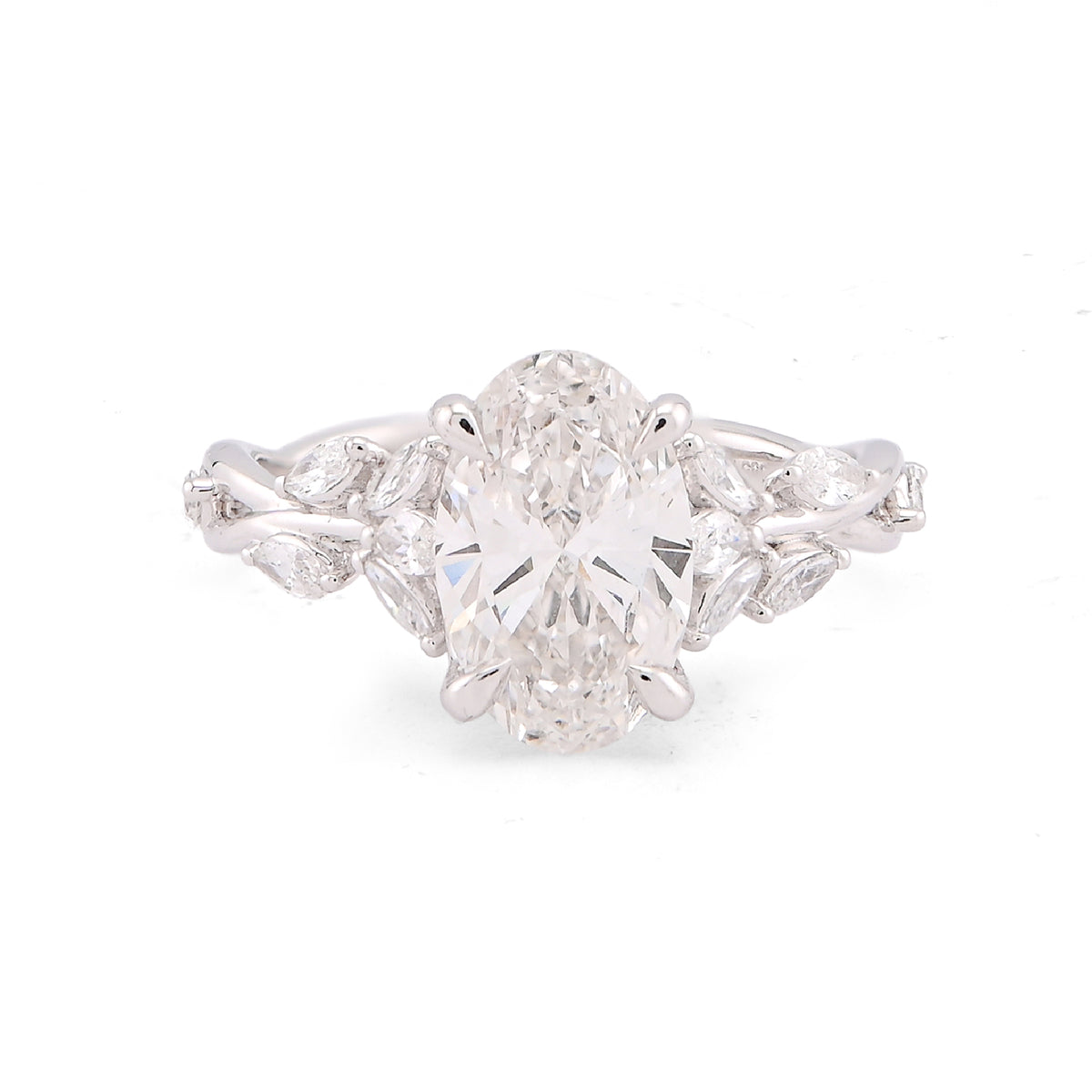 14k White Gold 2.58CTW Oval Centre Solitaire Leaf Designed Marquise Lab Diamond Women Ring 3.1gm