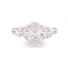 14k White Gold 2.58CTW Oval Centre Solitaire Leaf Designed Marquise Lab Diamond Women Ring 3.1gm
