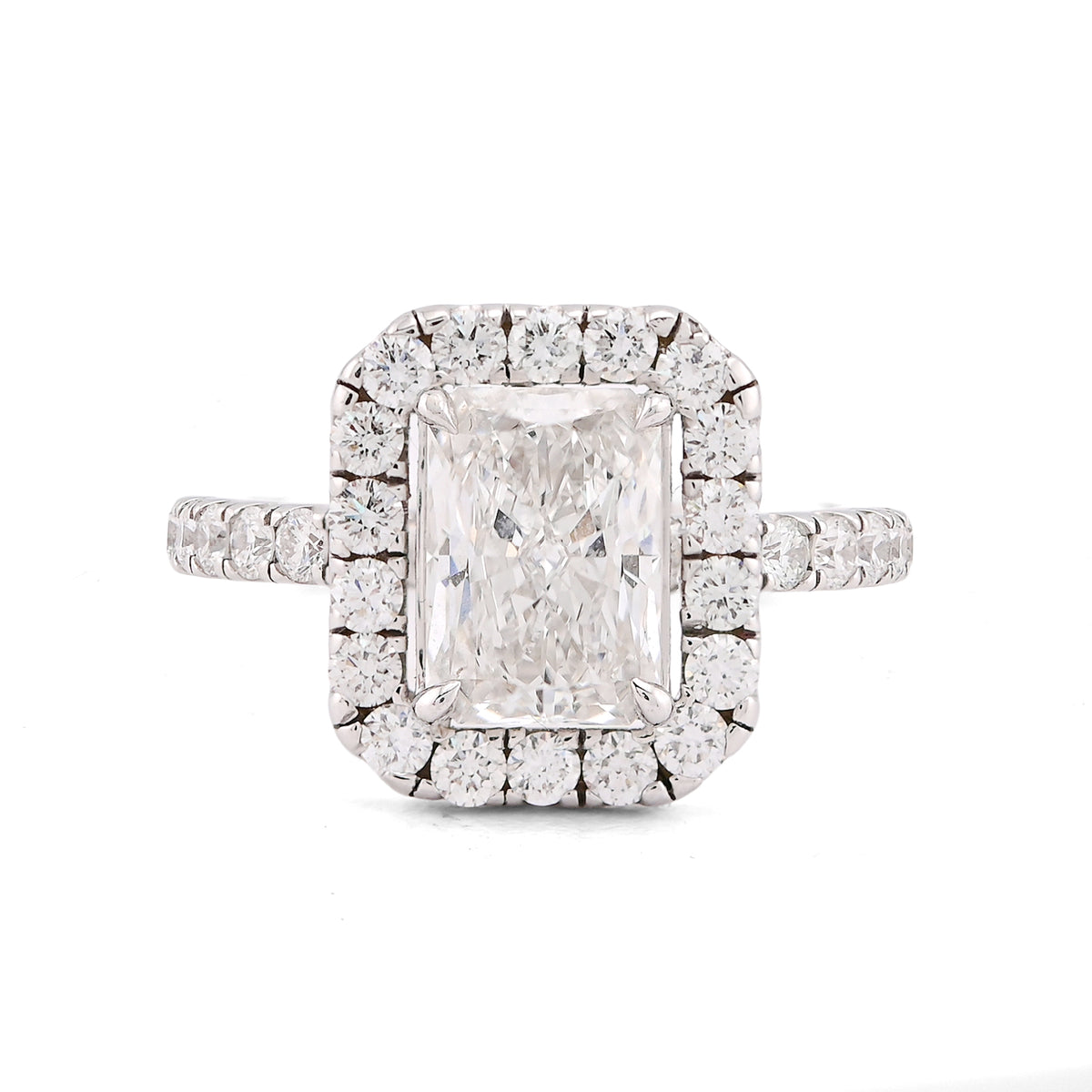 14k White Gold 2.1CTW Centre Cushion Solitaire Halo Round Lab Diamond Women Ring 4.9gm