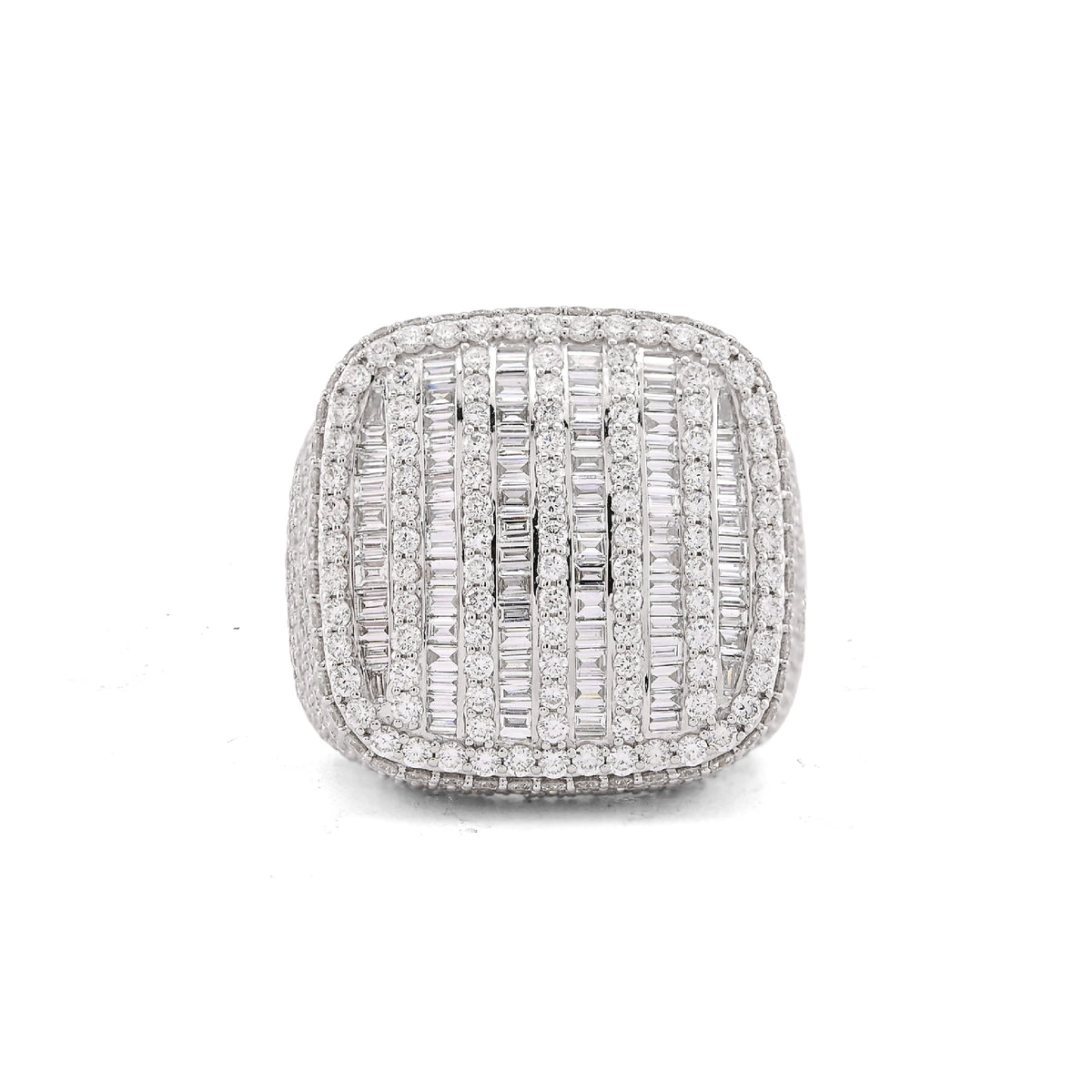 10k White Gold 5.90CTW Multi-Column Baguette/Round Lab Diamond Men Rectangle Pinky Ring 14.4gm