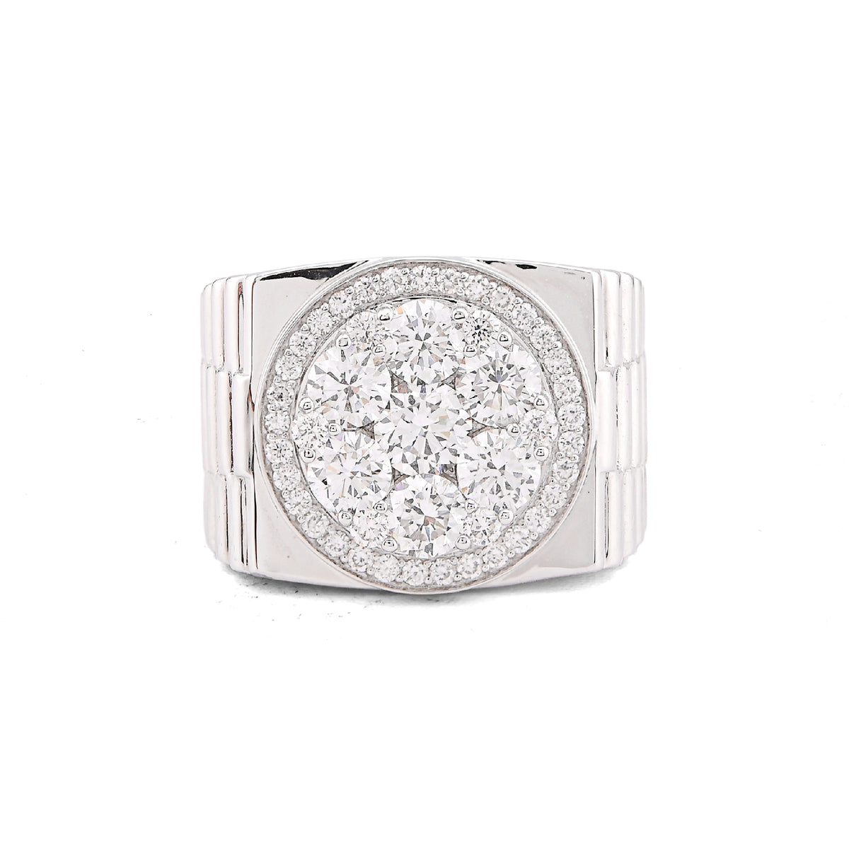 10k White Gold 3.17CTW Flower Cluster Centre Halo Men President's Lab Diamond Pinky Ring 13.5gm