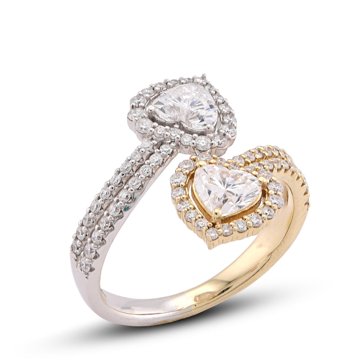 14k Yellow/White Gold 1.50CTW Dual Heart Lab Diamond Women Ring 4.1gm