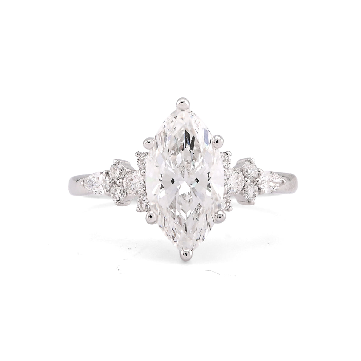 14k White Gold 2.39CTW Marquise Centre Solitaire Pear/Round Lab Diamond Flower Side Women Ring 3.8gm