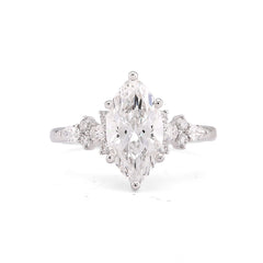 14k White Gold 2.39CTW Marquise Centre Solitaire Pear/Round Lab Diamond Flower Side Women Ring 3.8gm