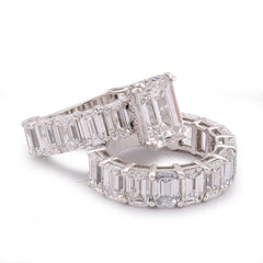 14k White Gold 16.95CTW Emerald Solitaire Centre and Side Women Lab Diamond Ring with Band 12.7gm
