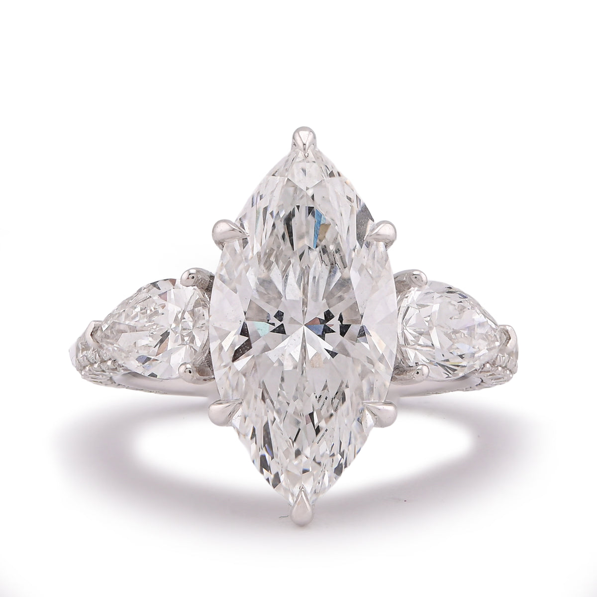 14k White Gold 7.48CTW Marquise Centre Solitaire Pear Side Flower Shape Lab Diamond Women ring 7gm