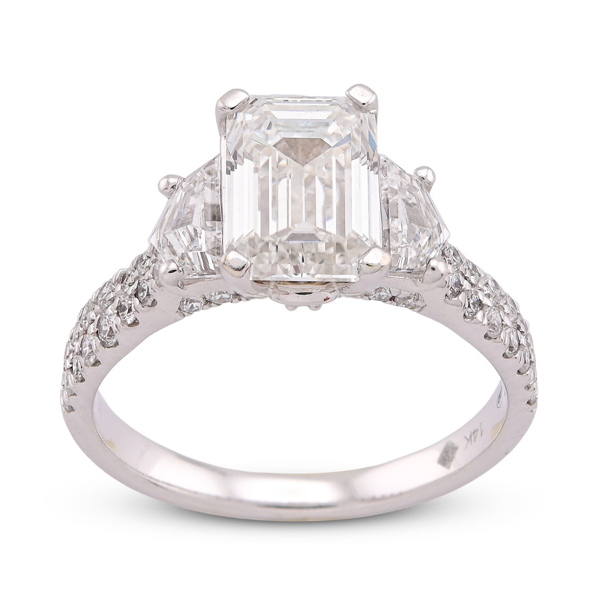 14k White Gold 3.25CTW Emerald Solitaire Radiant/Round Side Lab Diamond Women Ring 4.4gm
