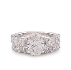 14k White Gold 5.36CTW Radiant Side Oval Solitaire Centre Lab Diamond Women Ring with Band 7.1gm